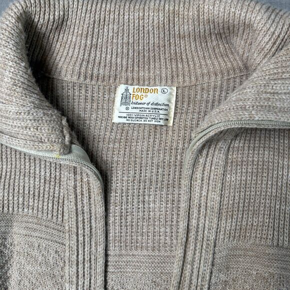 Vintage London Fog Zip Up Chunky Knit Sweater Cardigan Mens Large Grandpa USA - Picture 3 of 11